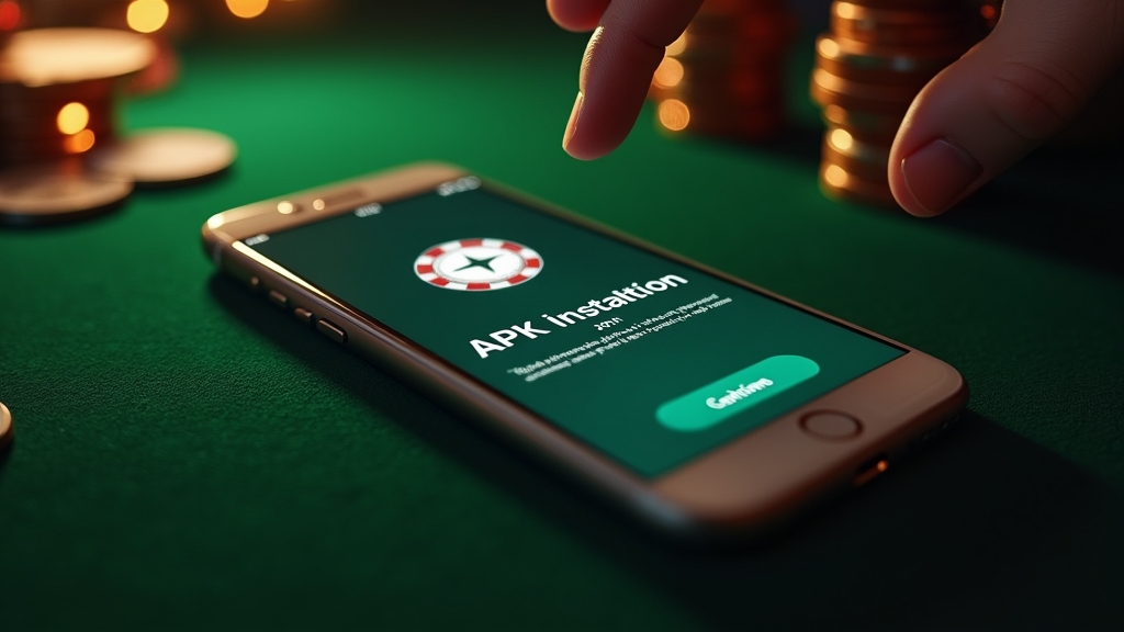 Android τηλέφωνο με οθόνη εγκατάστασης APK σε ατμοσφαιρικό καζίνο